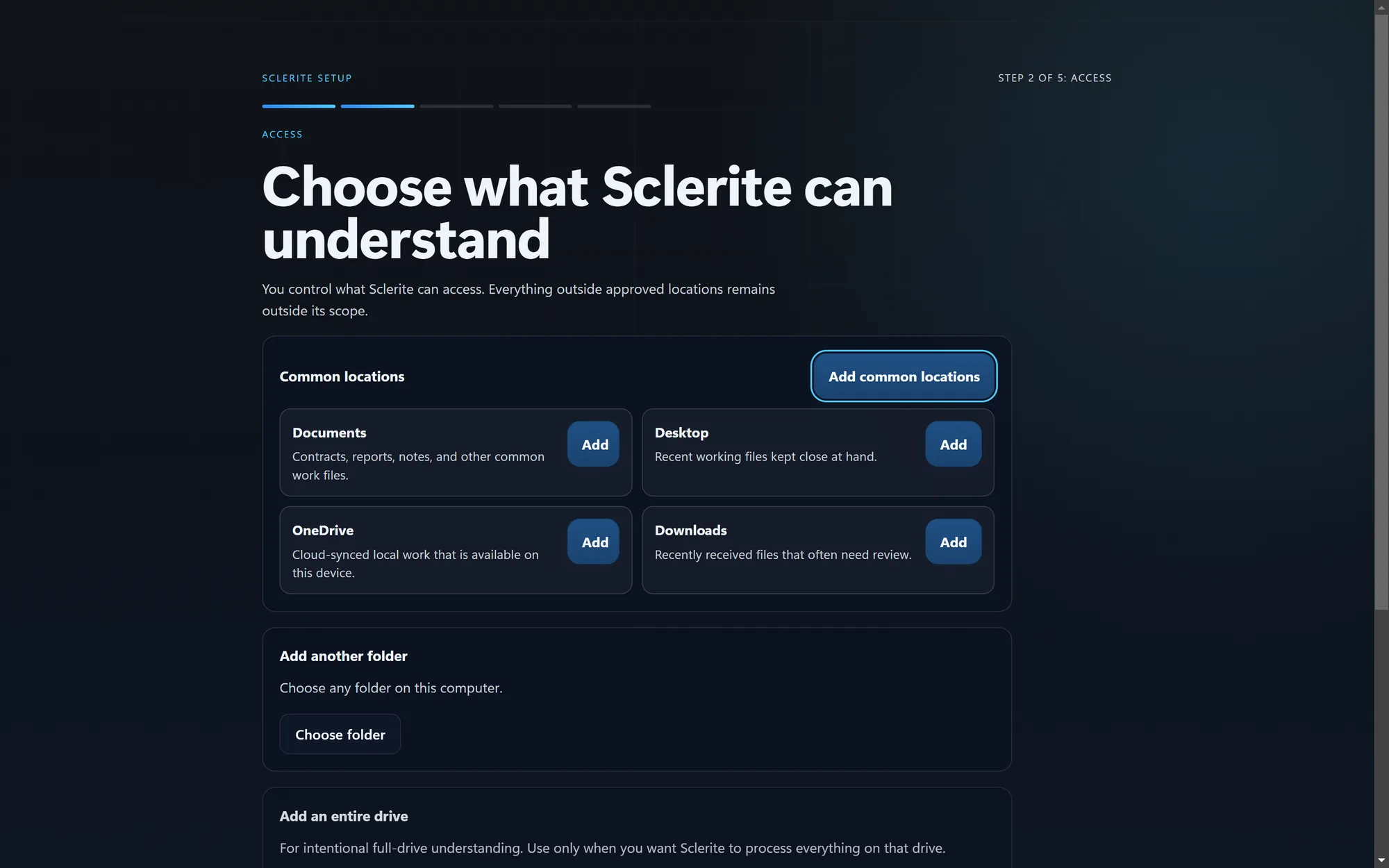 Sclerite setup screen: 'Choose what Sclerite can understand,' with folder access controls for Documents, Desktop, OneDrive, and Downloads, each requiring explicit approval.
