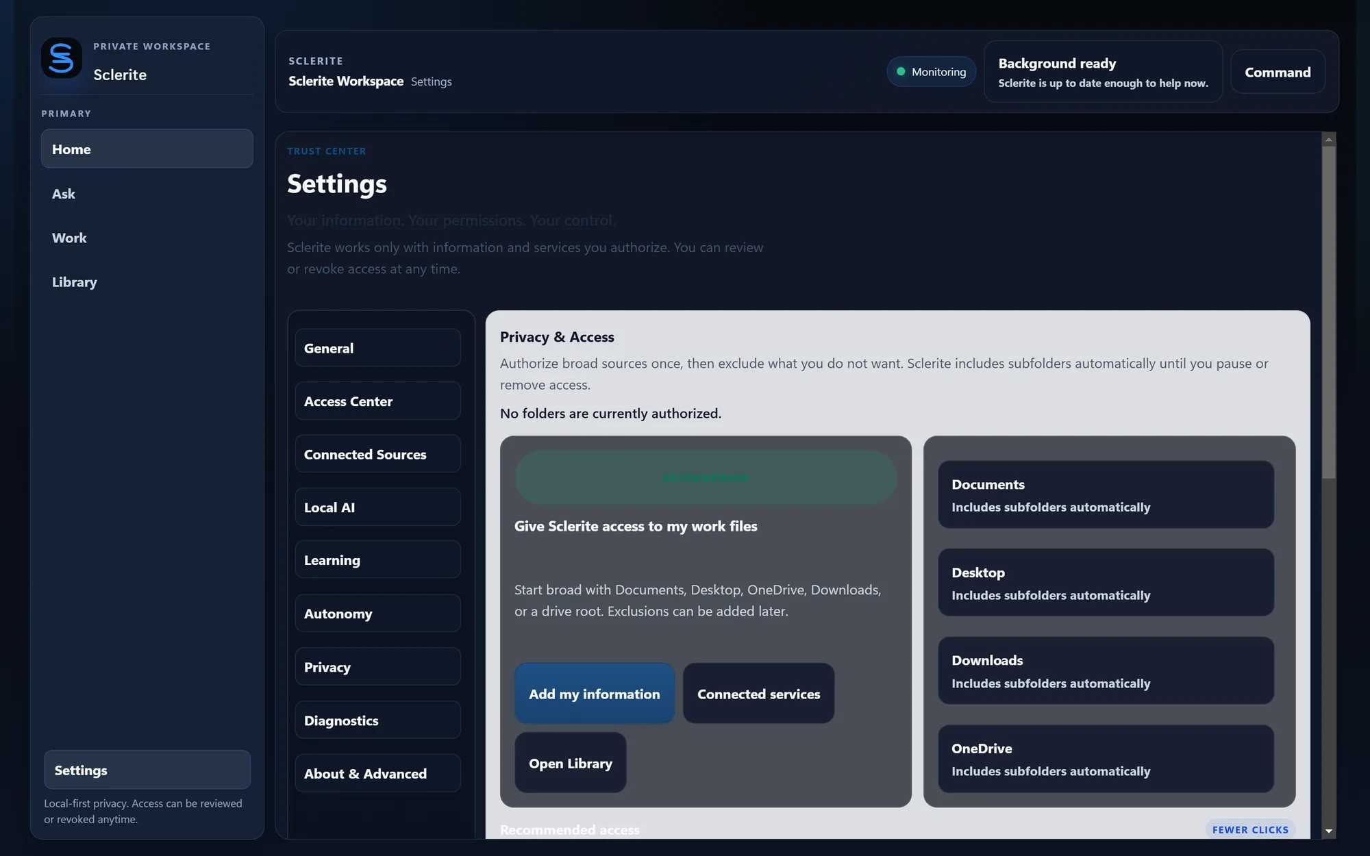 Sclerite Access Center panel listing authorized folders including Documents, Desktop, Downloads, and OneDrive, each noting that subfolders are included automatically.