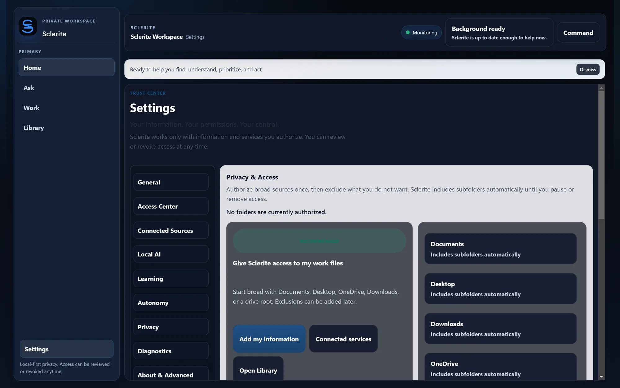 Sclerite Settings screen showing the Trust Center — Privacy & Access panel with folder authorization controls for Documents, Desktop, Downloads, and OneDrive.
